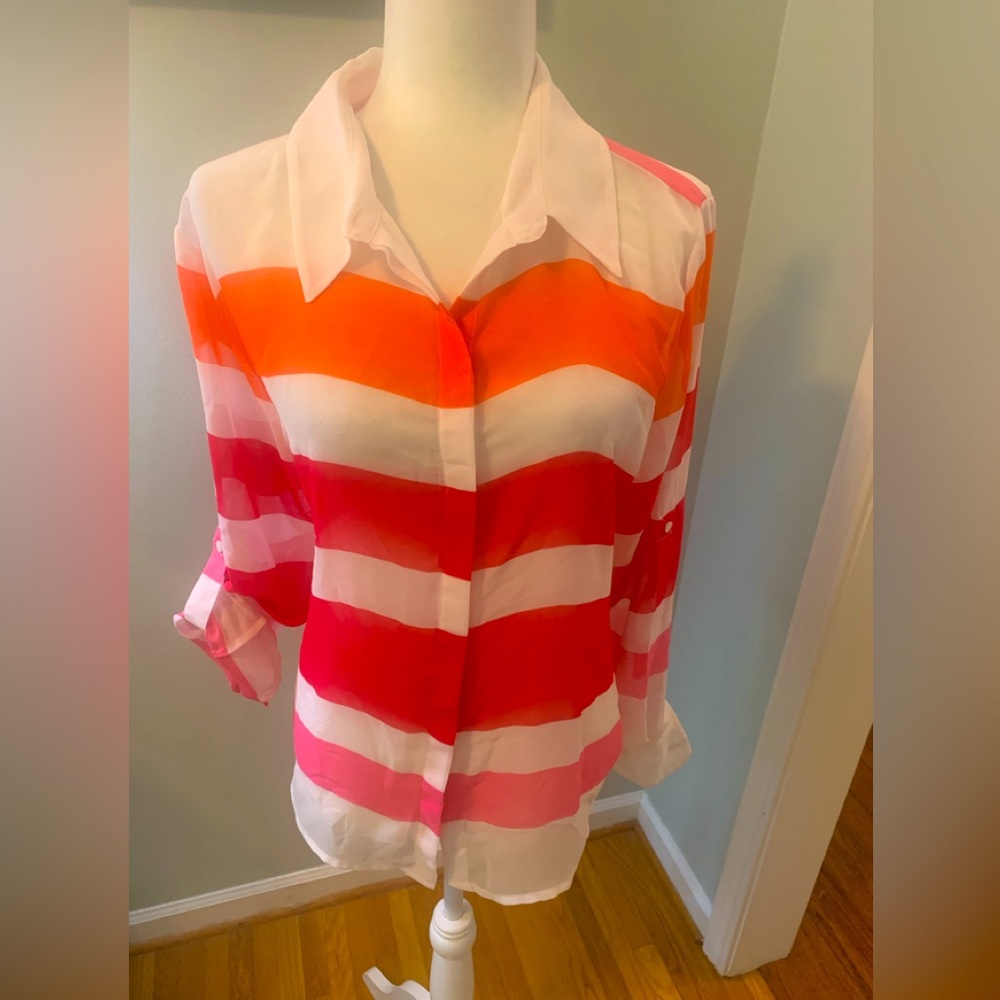 Chaus Sheer Striped Button-Down Shirt in White, Orange, Red, and Pink